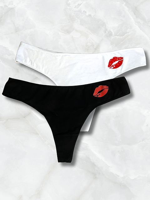 Kisses Printed Thong - Black 2 PCS Pack